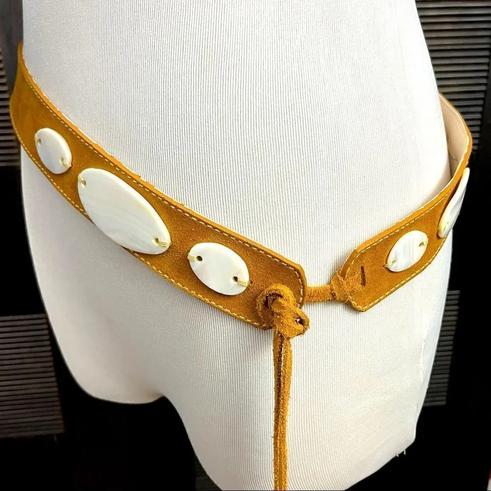 Another Line Genuine Suede Fringe Tie Waist Belt With Abalone Style Accents M